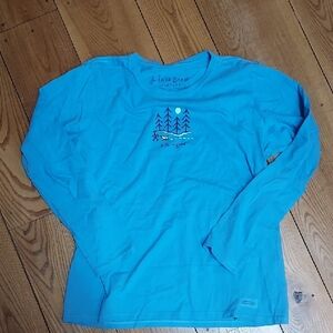 Life Is Good Women's Long Sleeve Tee in Bright Blue with Forest & Dog Graphic